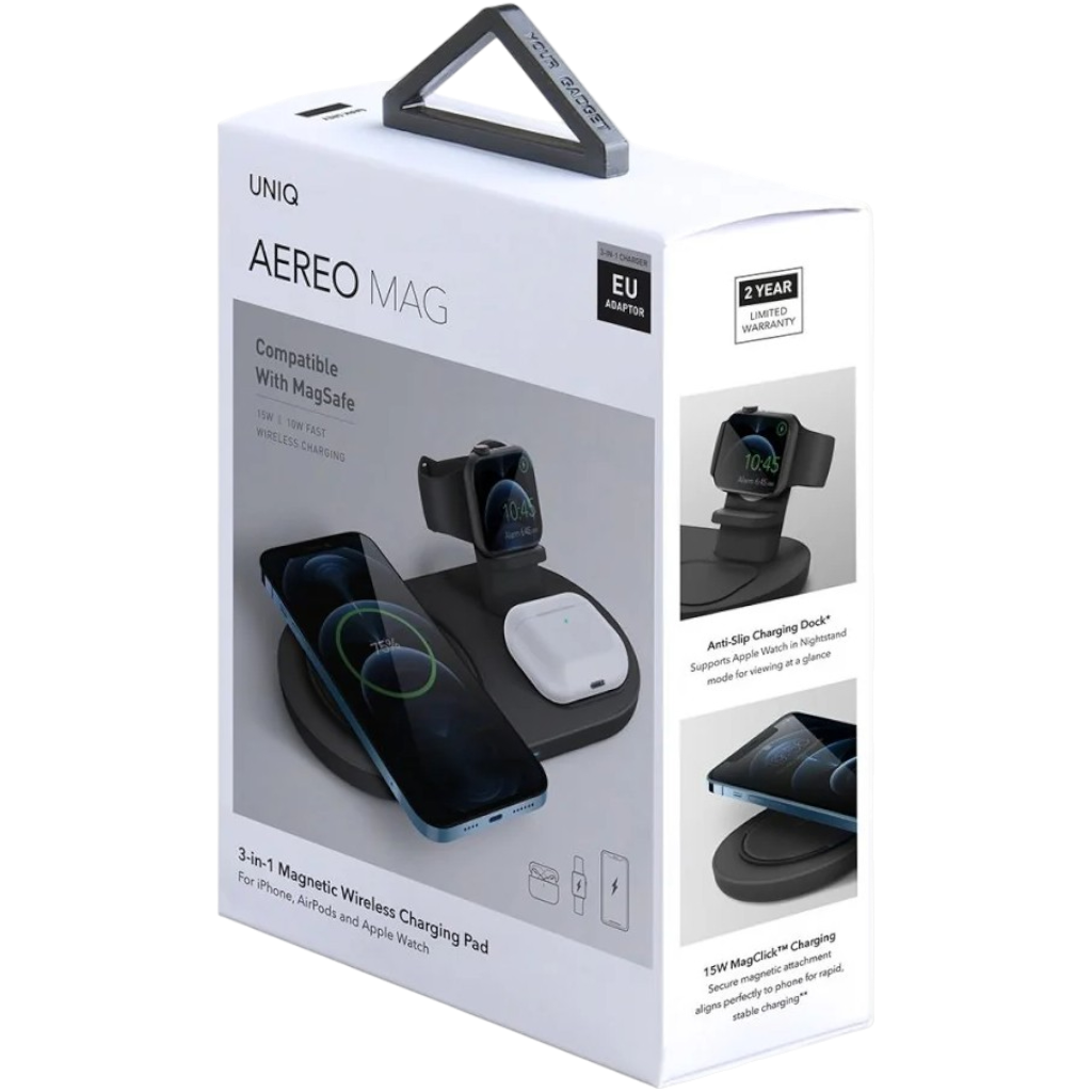 Беспроводное зарядное устройство Uniq Aereo Mag 3 in1 15W + адаптер серый